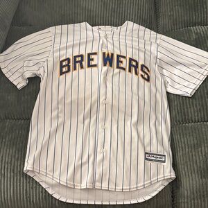 Majestic Brewers White and Blue Pinstripe Jersey